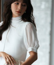 シフォンスリーブとリブニットの異素材プルオーバーsdp0073 ホワイト