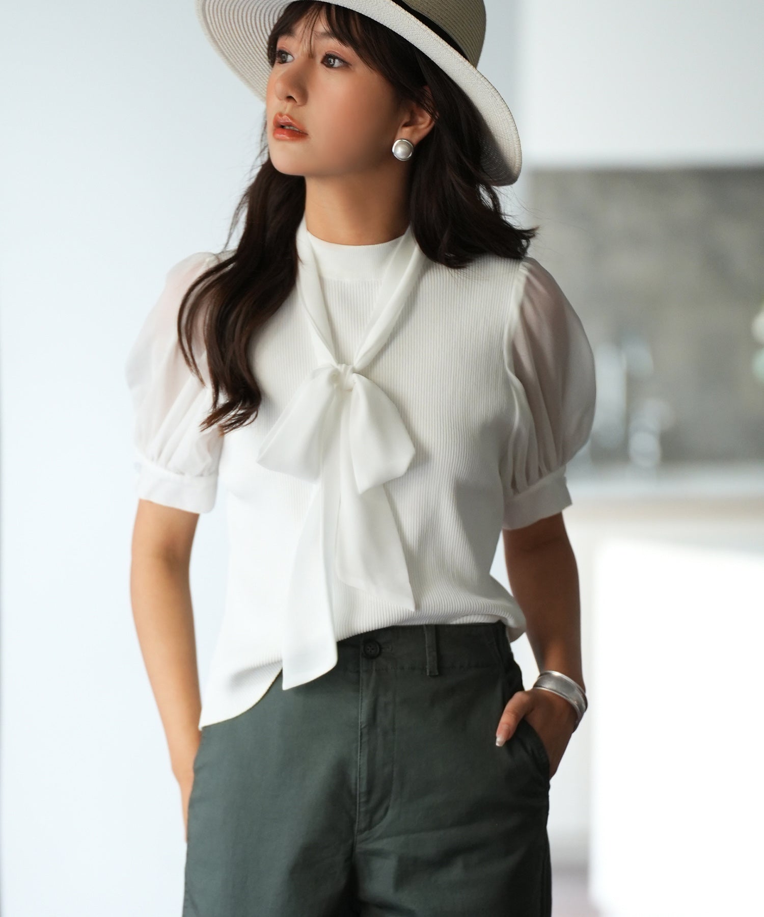 シフォンスリーブとリブニットの異素材プルオーバーsdp0073 ホワイト