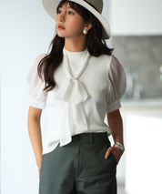 シフォンスリーブとリブニットの異素材プルオーバーsdp0073 ホワイト