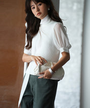 シフォンスリーブとリブニットの異素材プルオーバーsdp0073 ホワイト