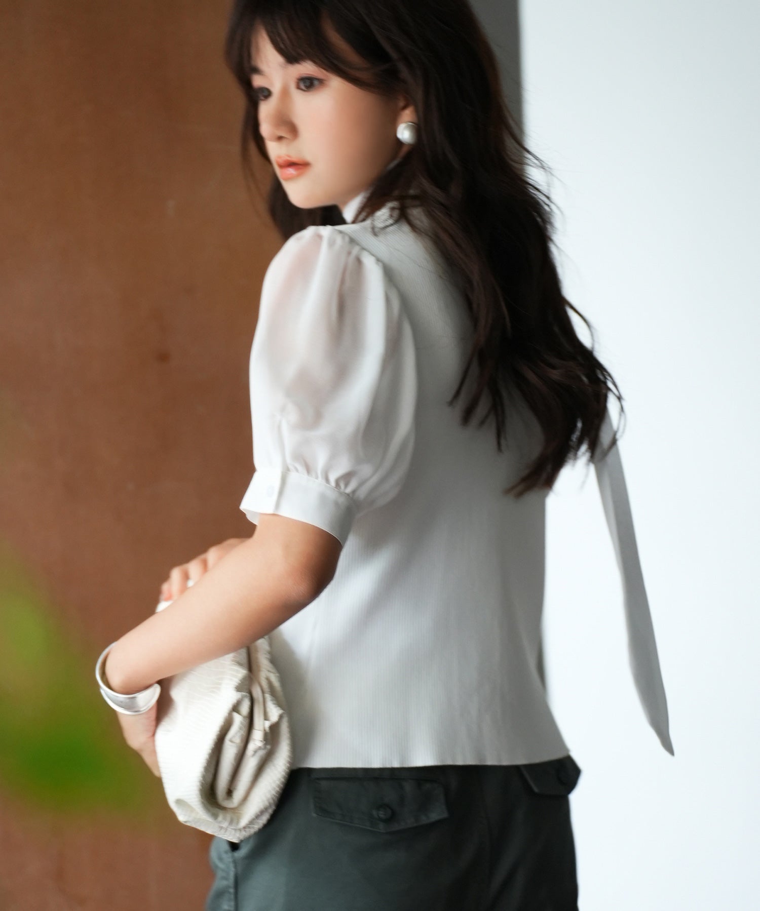 シフォンスリーブとリブニットの異素材プルオーバーsdp0073 ホワイト