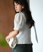 シフォンスリーブとリブニットの異素材プルオーバーsdp0073 ホワイト