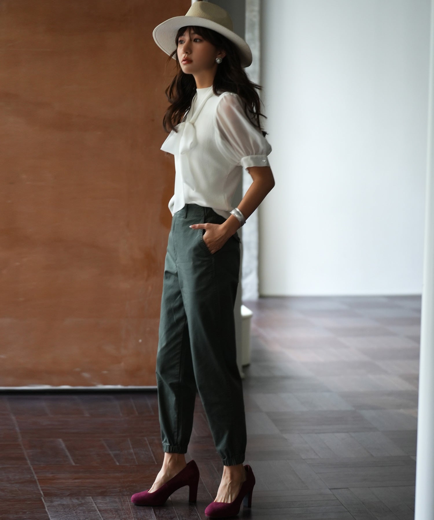 シフォンスリーブとリブニットの異素材プルオーバーsdp0073 ホワイト