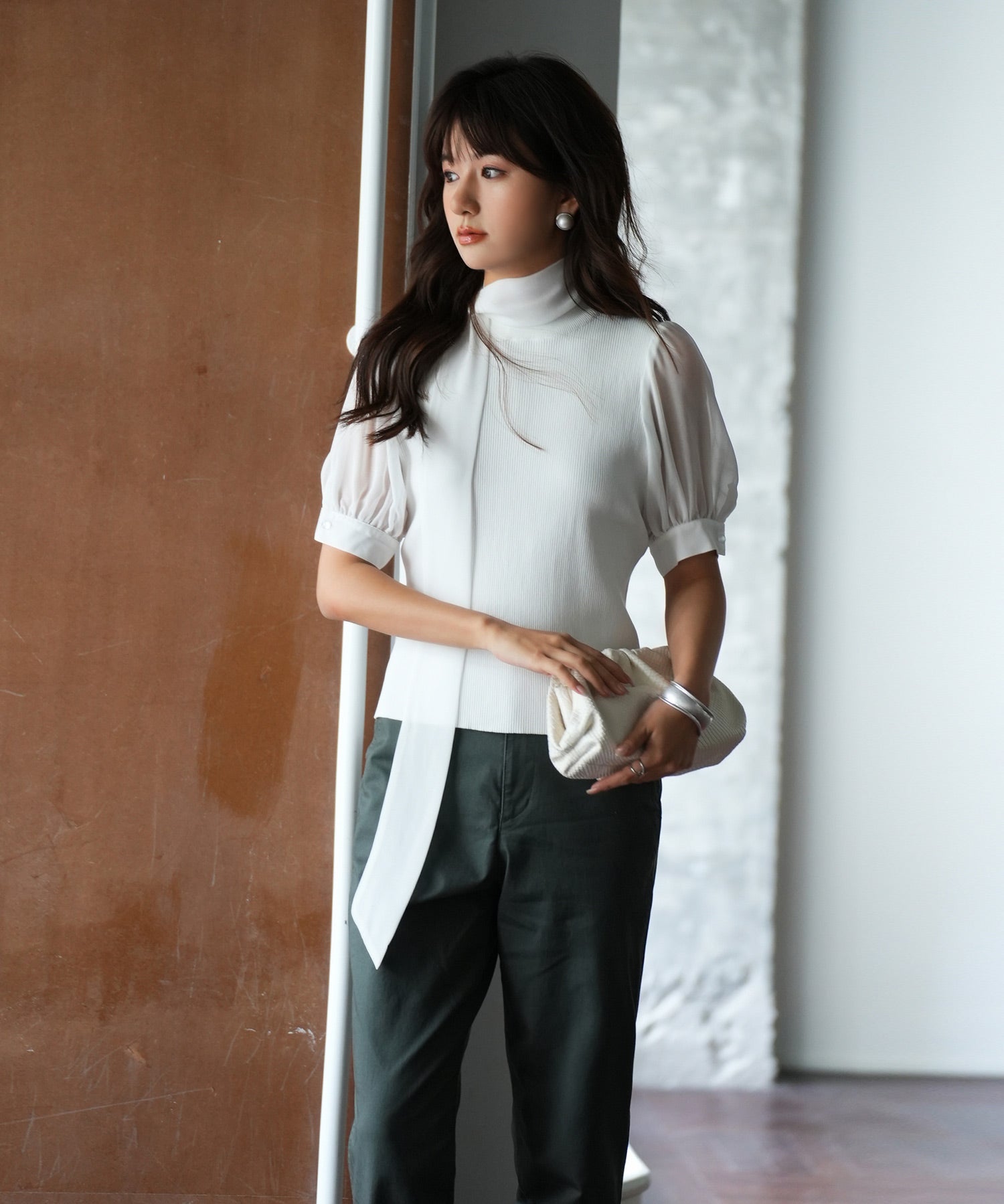 シフォンスリーブとリブニットの異素材プルオーバーsdp0073 ホワイト