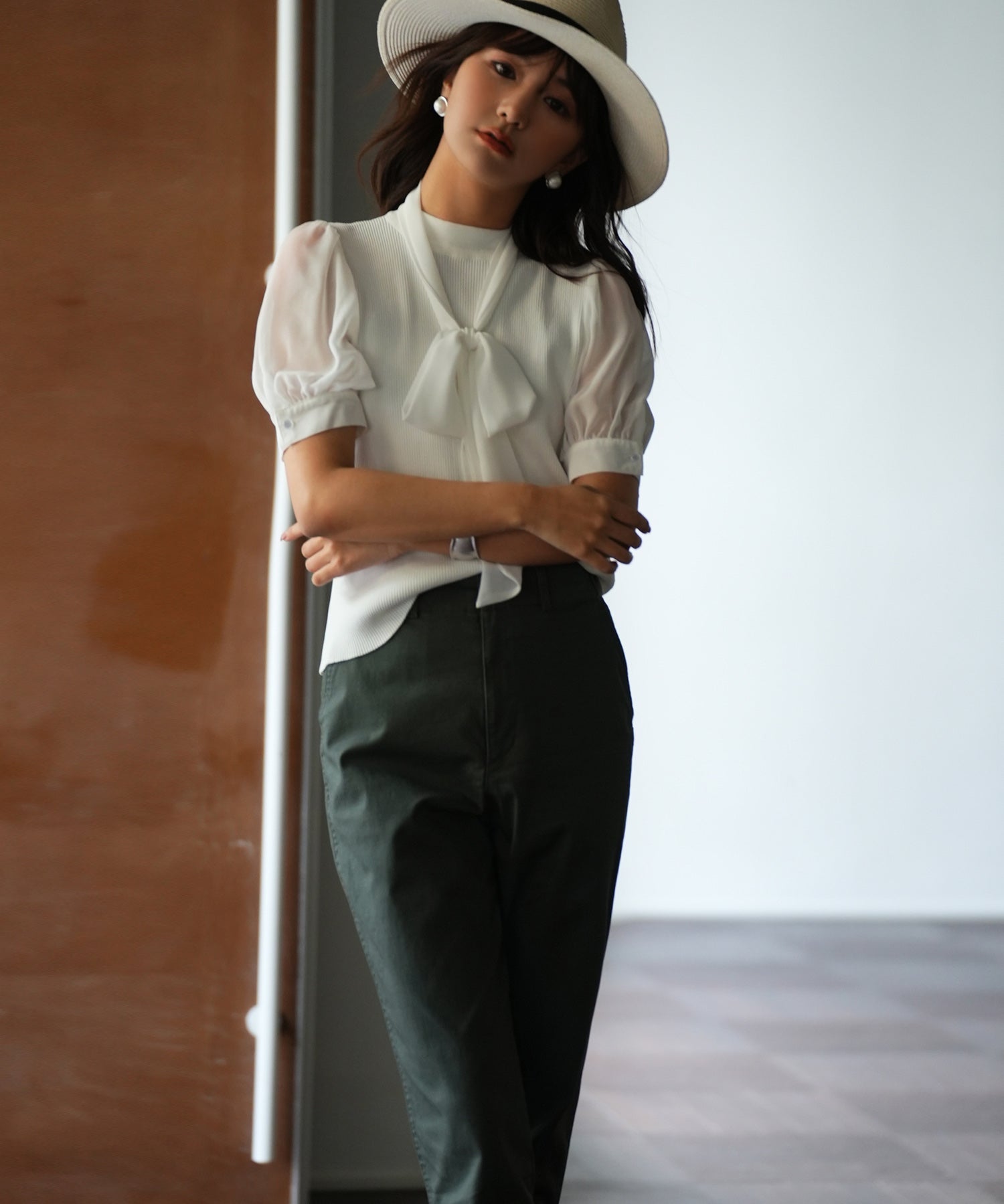 シフォンスリーブとリブニットの異素材プルオーバーsdp0073 ホワイト