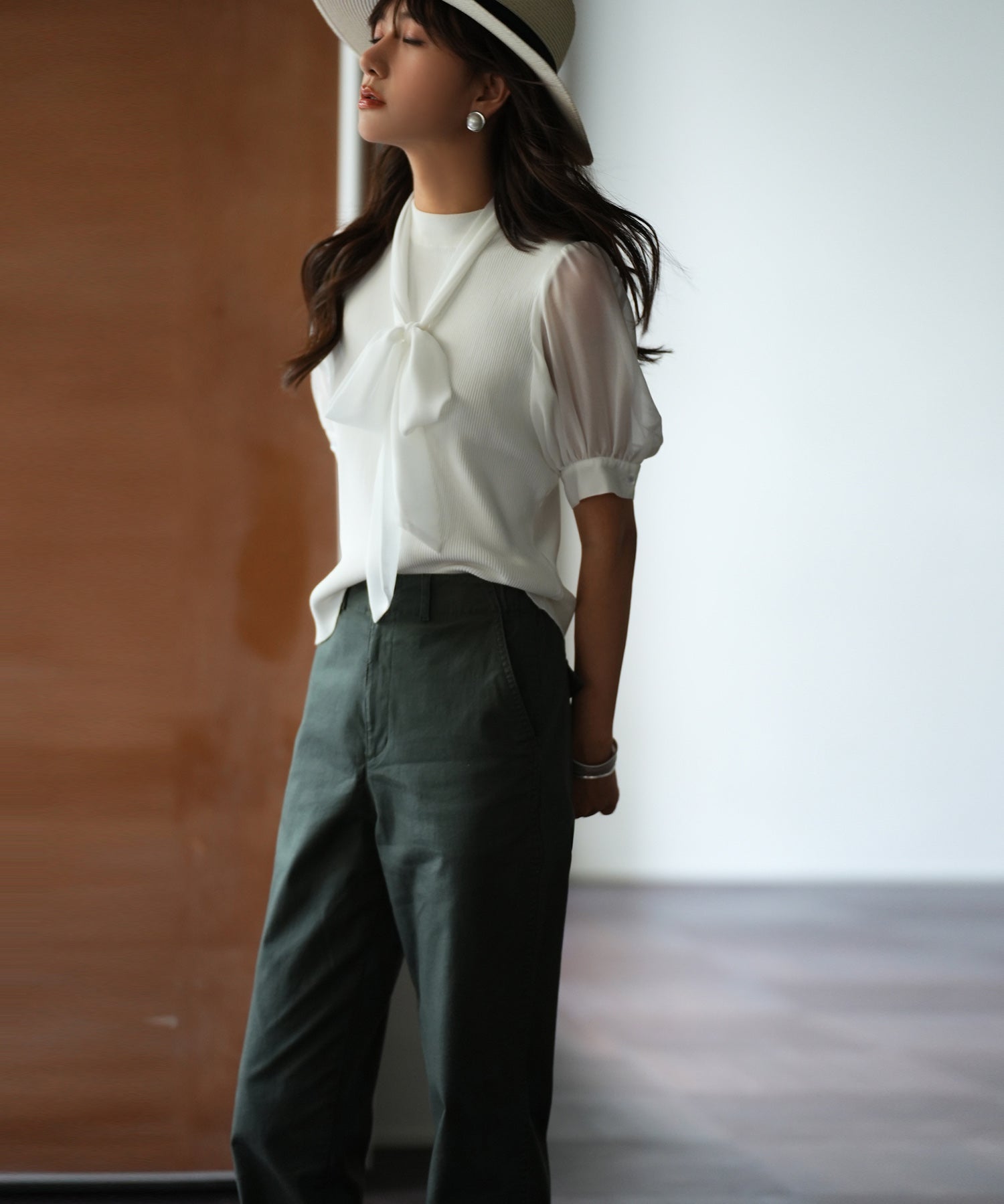 シフォンスリーブとリブニットの異素材プルオーバーsdp0073 ホワイト