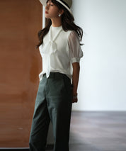 シフォンスリーブとリブニットの異素材プルオーバーsdp0073 ホワイト