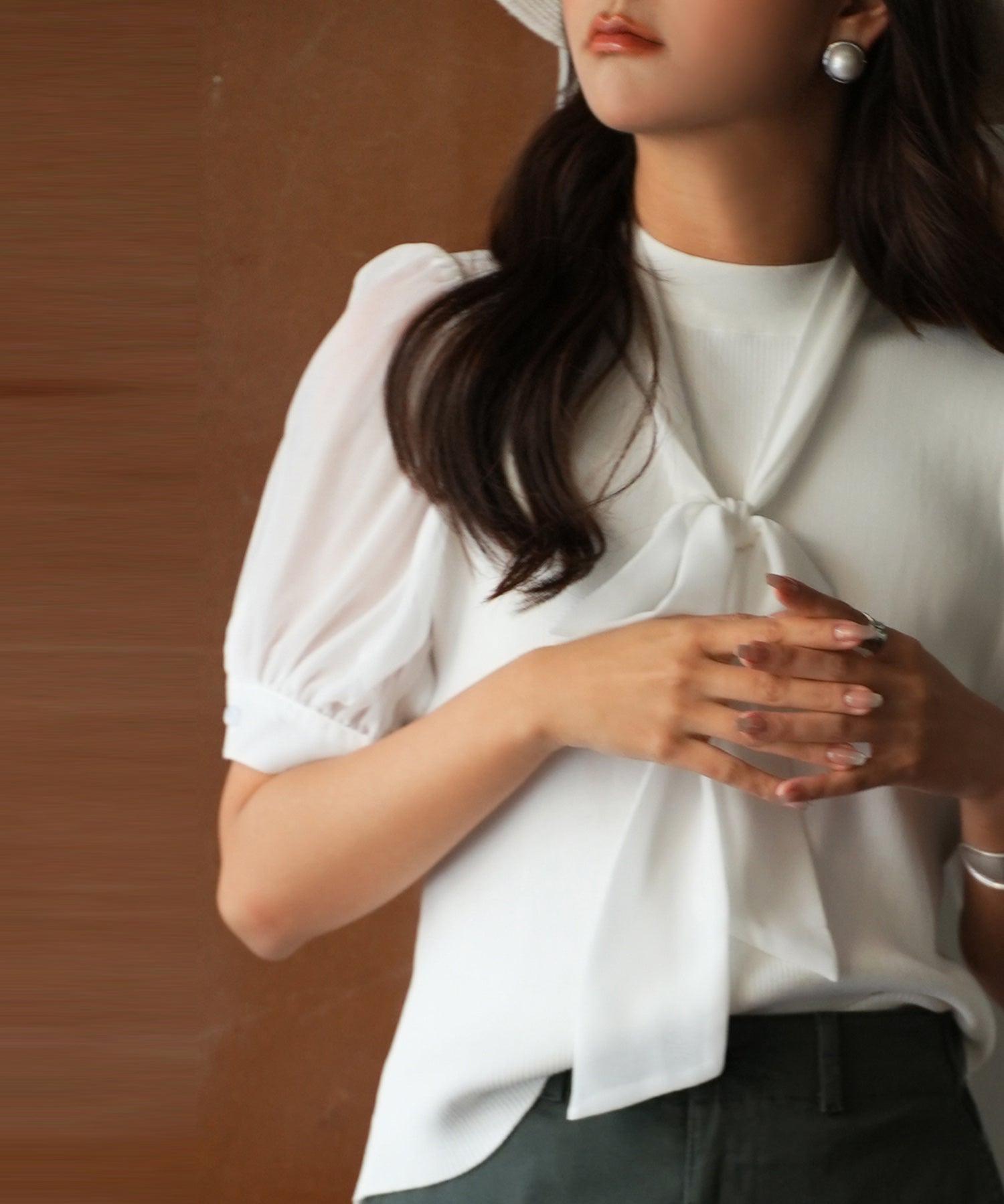 シフォンスリーブとリブニットの異素材プルオーバーsdp0073 ホワイト