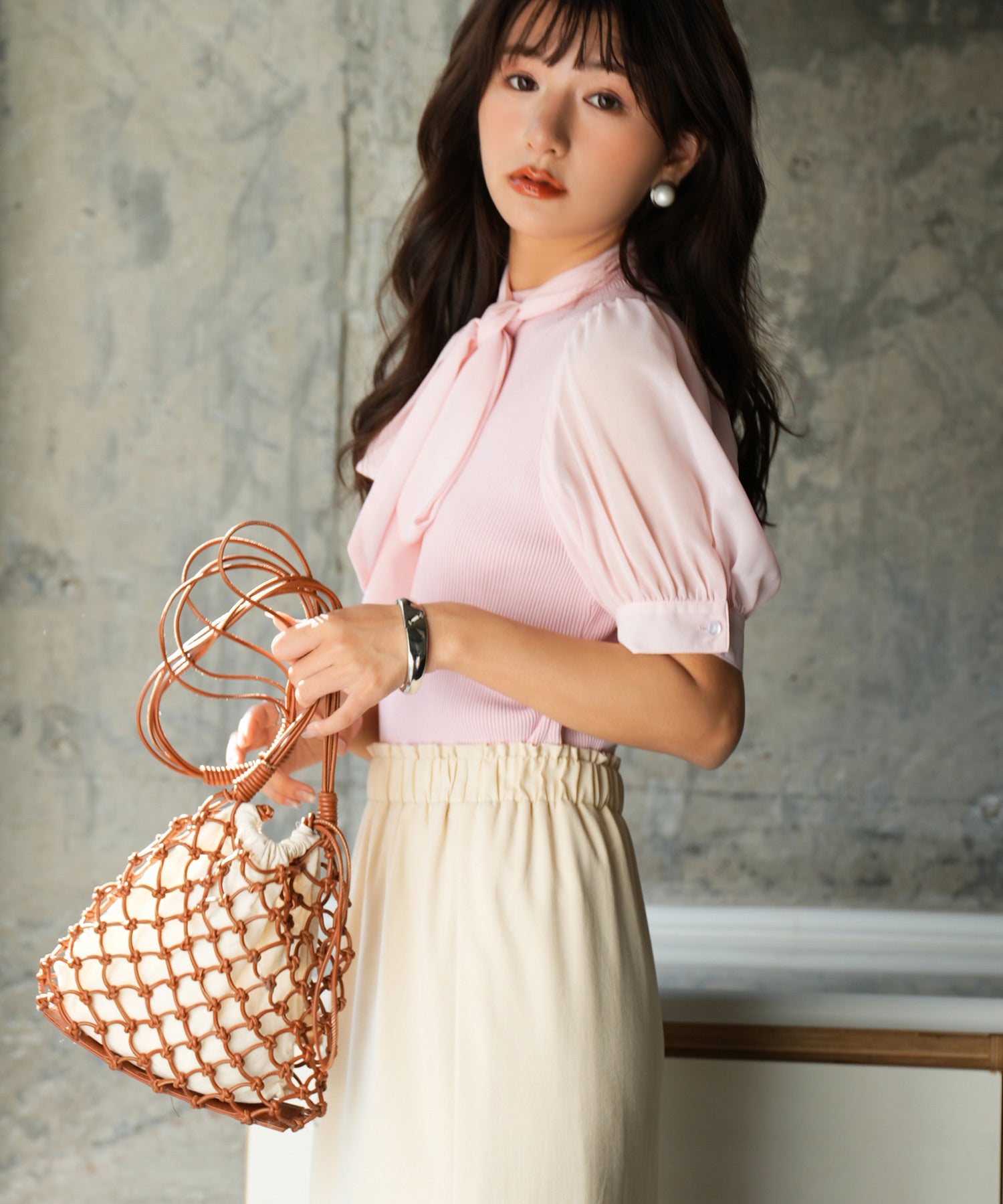 シフォンスリーブとリブニットの異素材プルオーバーsdp0073 ピンク