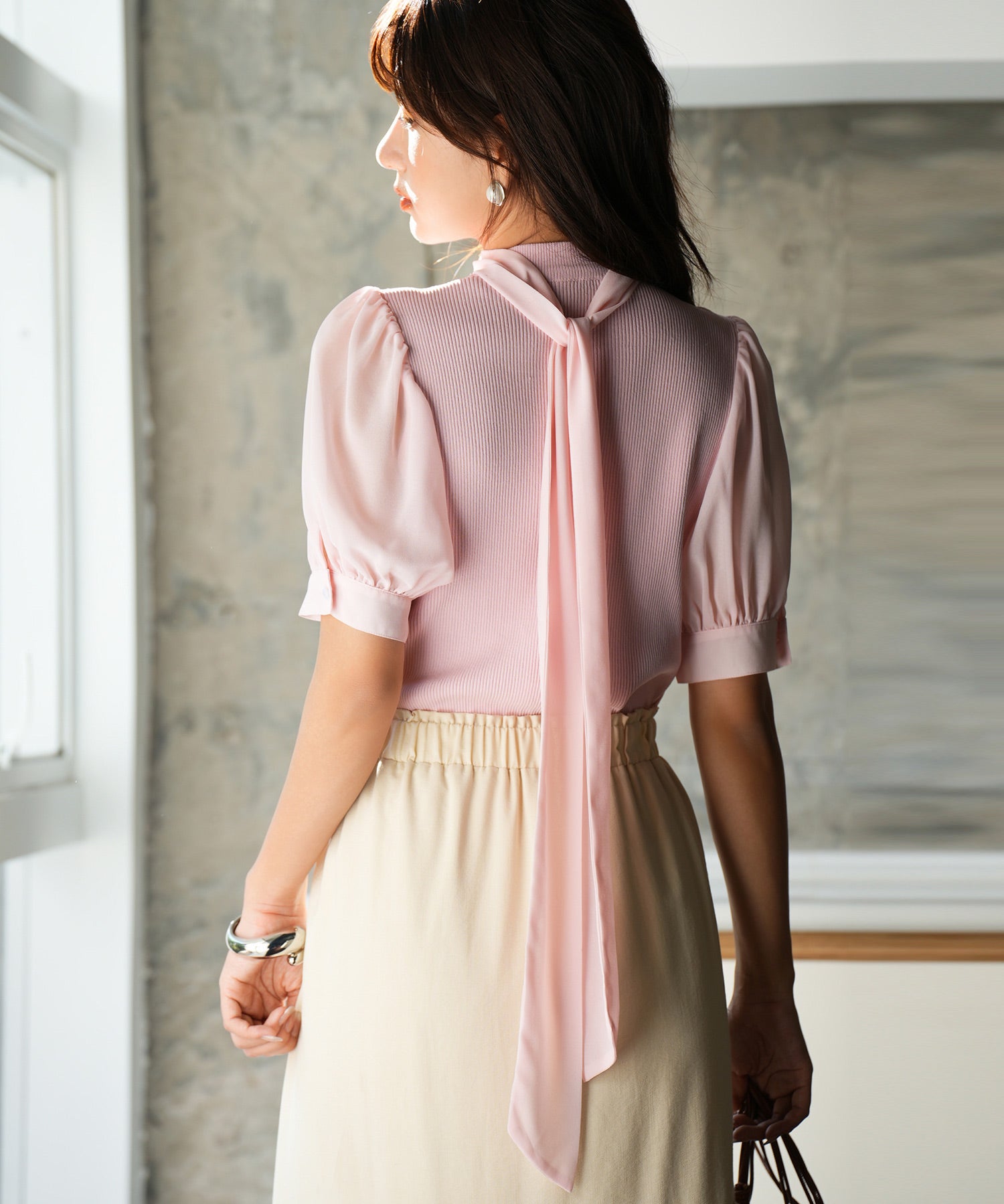 シフォンスリーブとリブニットの異素材プルオーバーsdp0073 ピンク