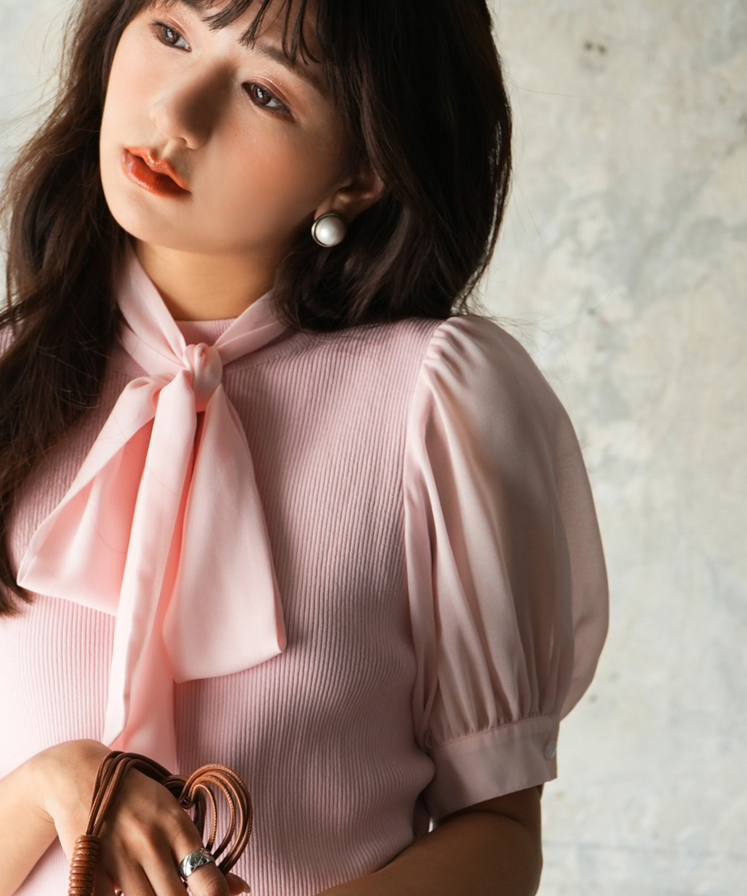 シフォンスリーブとリブニットの異素材プルオーバーsdp0073 ピンク