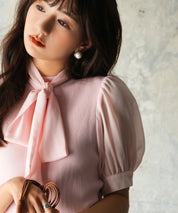 シフォンスリーブとリブニットの異素材プルオーバーsdp0073 ピンク