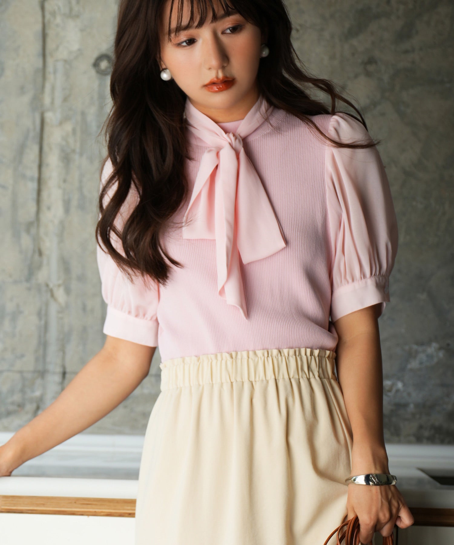 シフォンスリーブとリブニットの異素材プルオーバーsdp0073-102-26