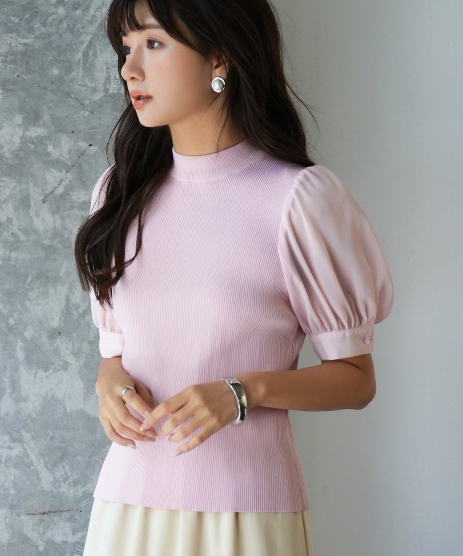 シフォンスリーブとリブニットの異素材プルオーバーsdp0073 ピンク