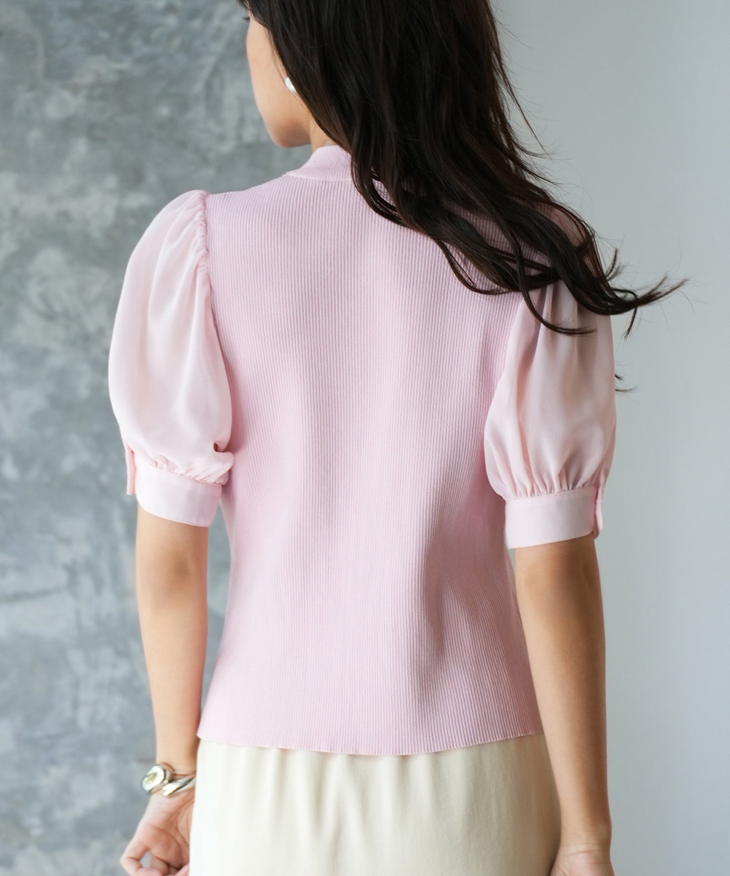 シフォンスリーブとリブニットの異素材プルオーバーsdp0073 ピンク