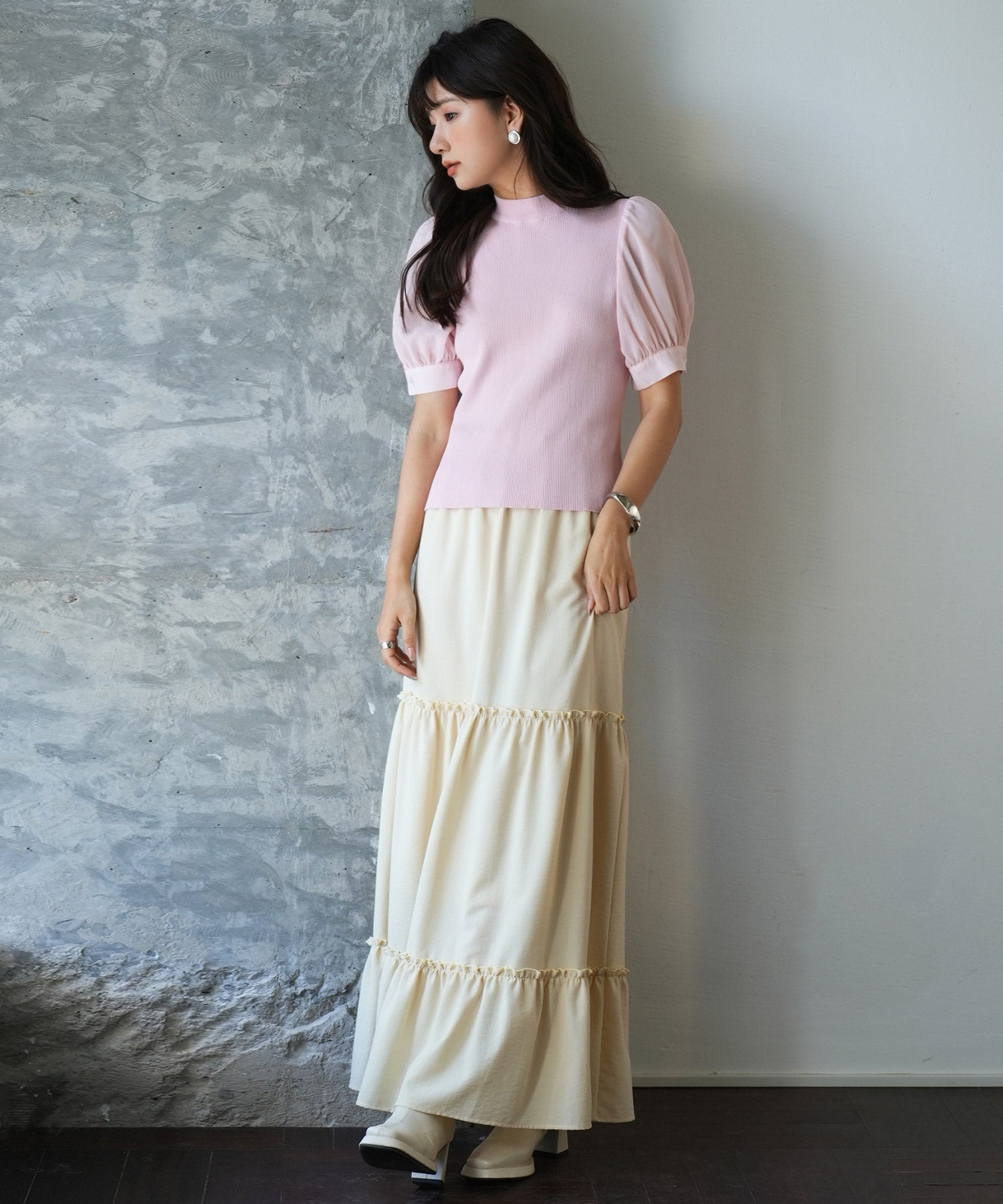 シフォンスリーブとリブニットの異素材プルオーバーsdp0073 ピンク