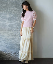 シフォンスリーブとリブニットの異素材プルオーバーsdp0073 ピンク