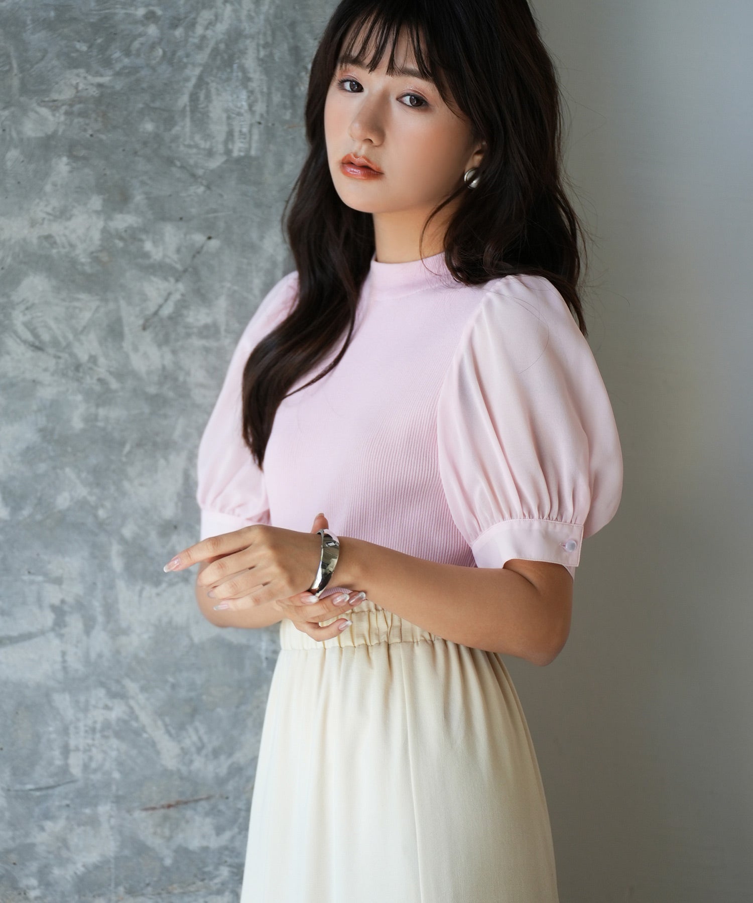 シフォンスリーブとリブニットの異素材プルオーバーsdp0073 ピンク