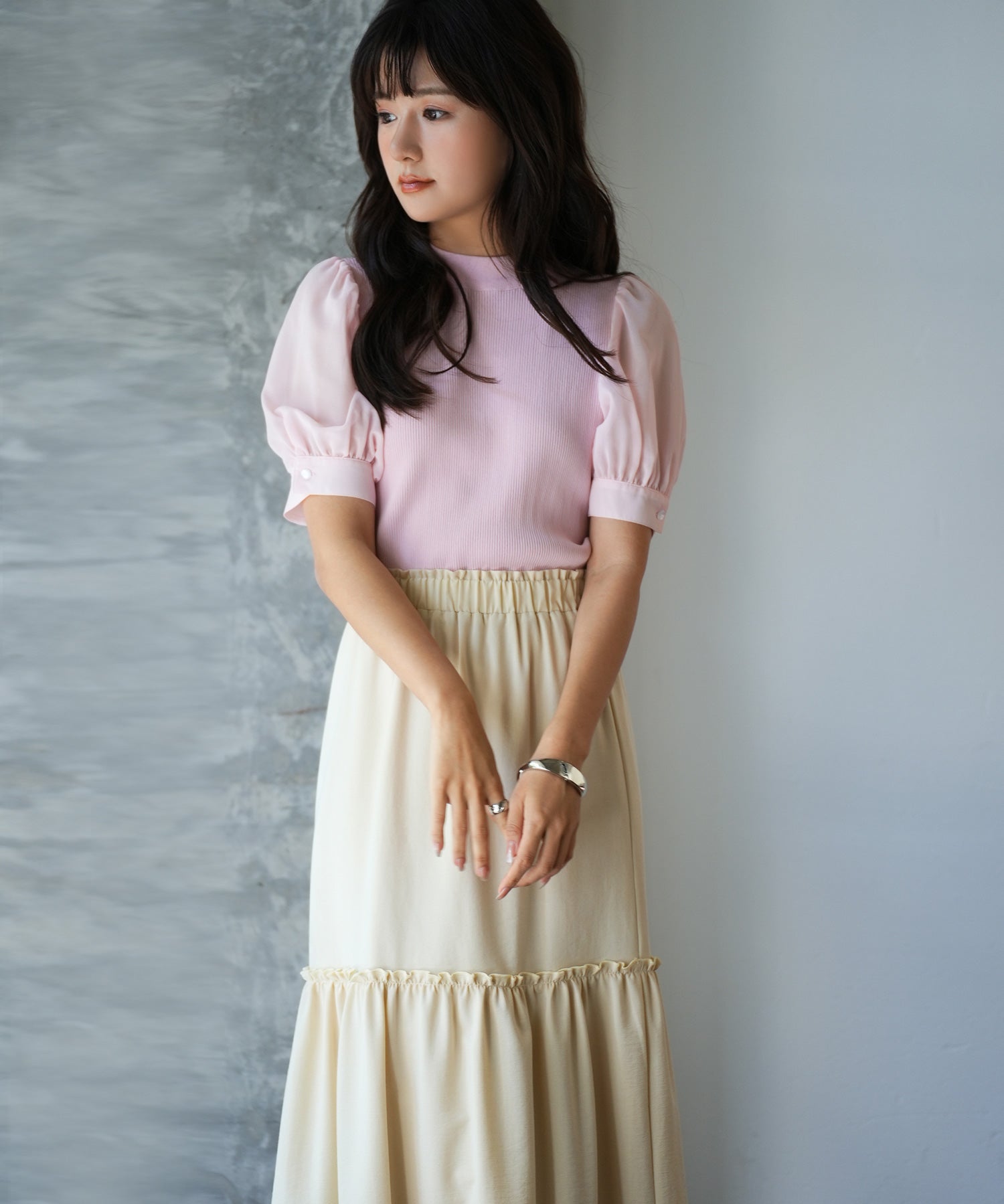 シフォンスリーブとリブニットの異素材プルオーバーsdp0073 ピンク