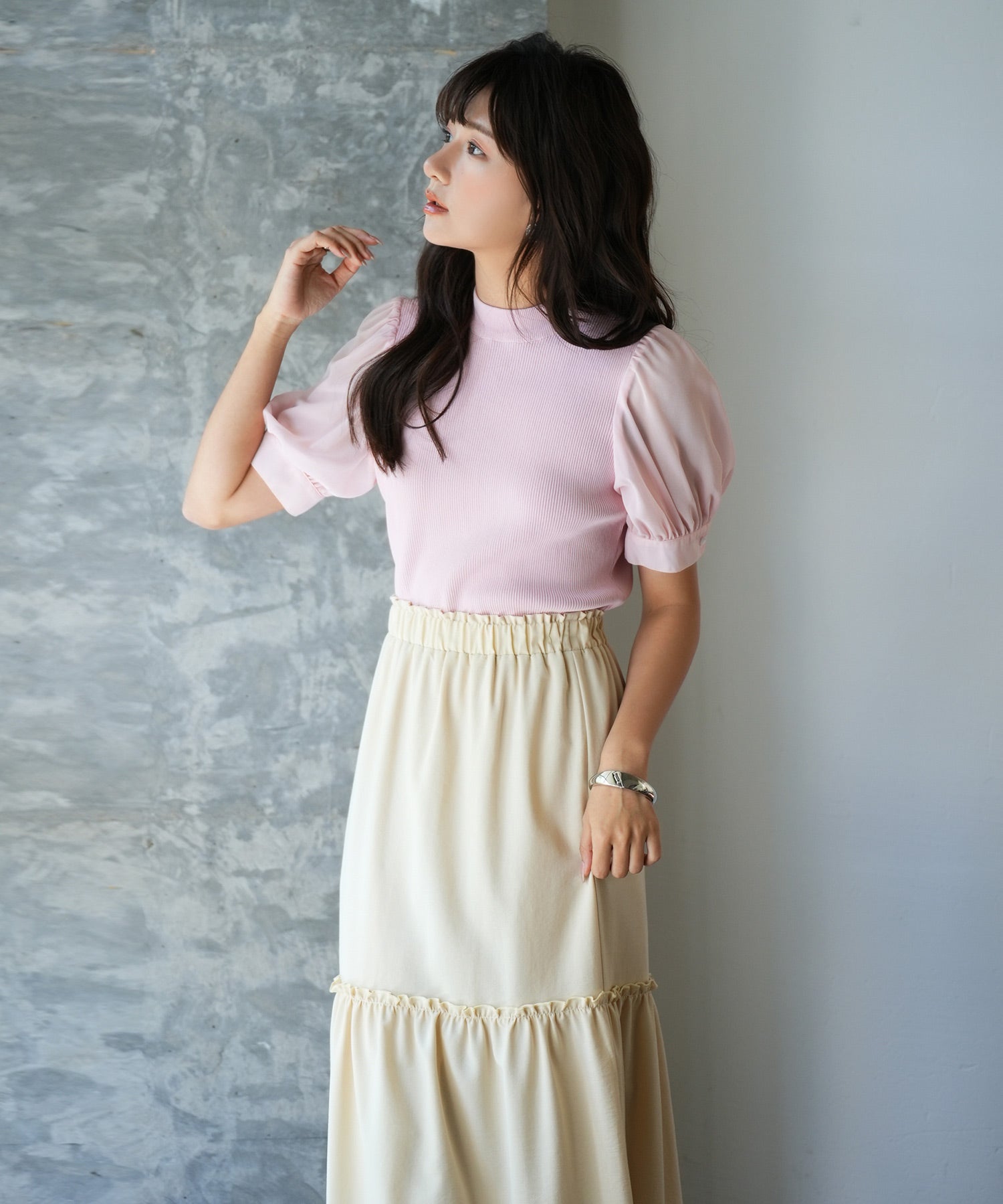 シフォンスリーブとリブニットの異素材プルオーバーsdp0073 ピンク