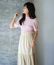 シフォンスリーブとリブニットの異素材プルオーバーsdp0073 ピンク