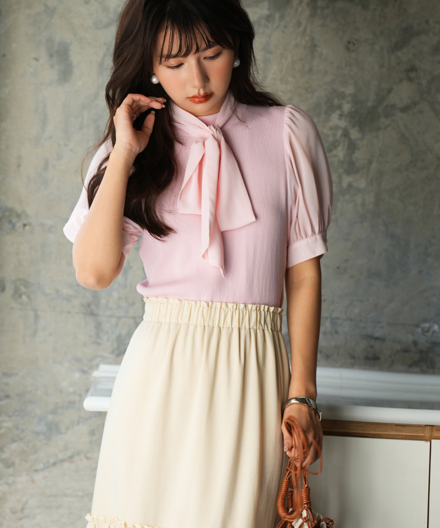 シフォンスリーブとリブニットの異素材プルオーバーsdp0073 ピンク