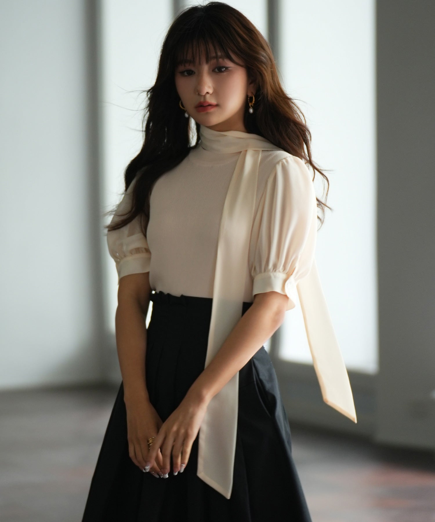 シフォンスリーブとリブニットの異素材プルオーバーsdp0073-102-38