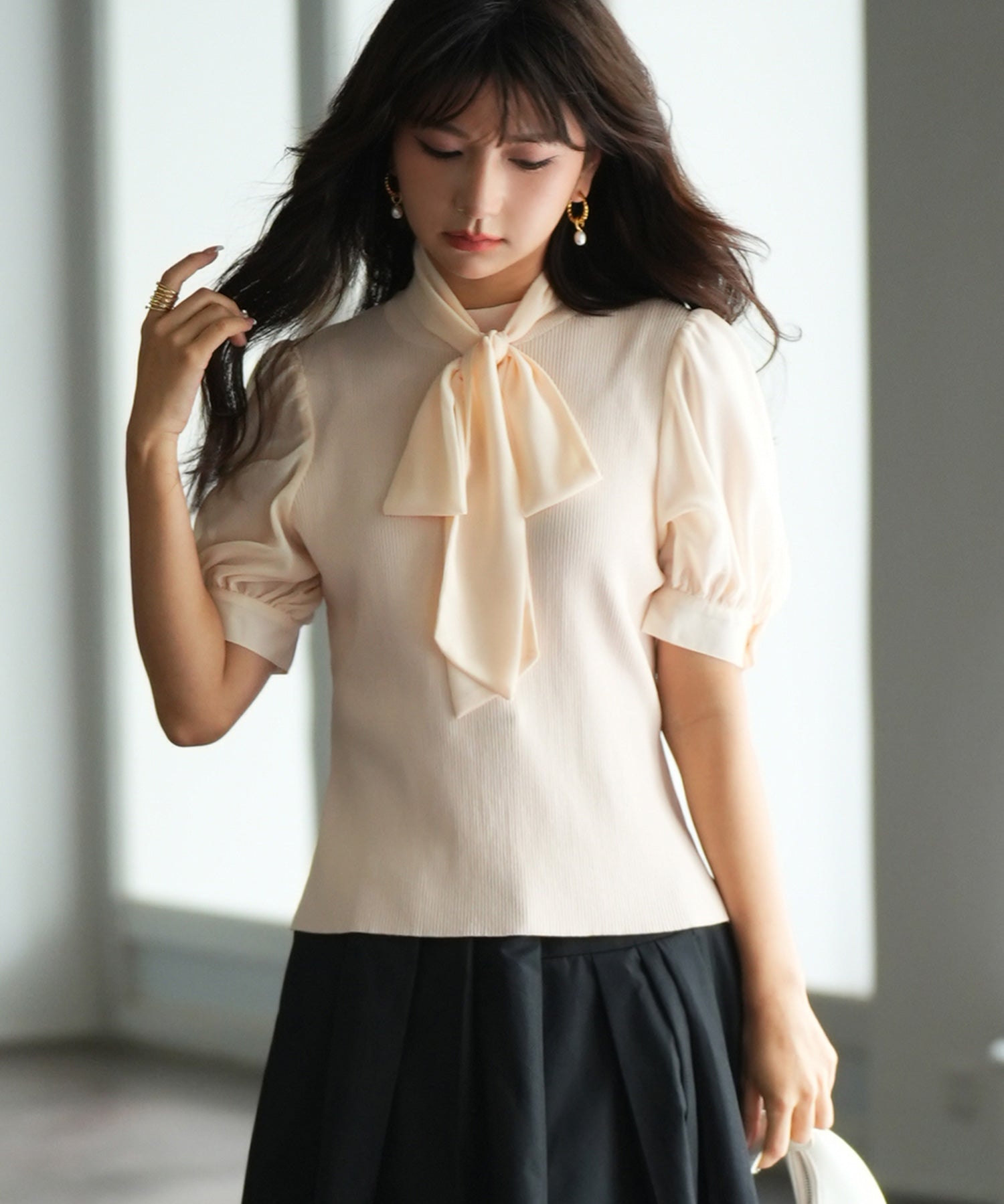 シフォンスリーブとリブニットの異素材プルオーバーsdp0073 アイボリー