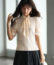 シフォンスリーブとリブニットの異素材プルオーバーsdp0073 アイボリー