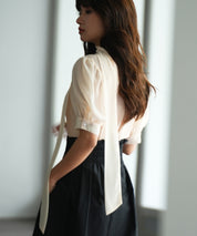 シフォンスリーブとリブニットの異素材プルオーバーsdp0073 アイボリー