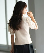 シフォンスリーブとリブニットの異素材プルオーバーsdp0073 アイボリー