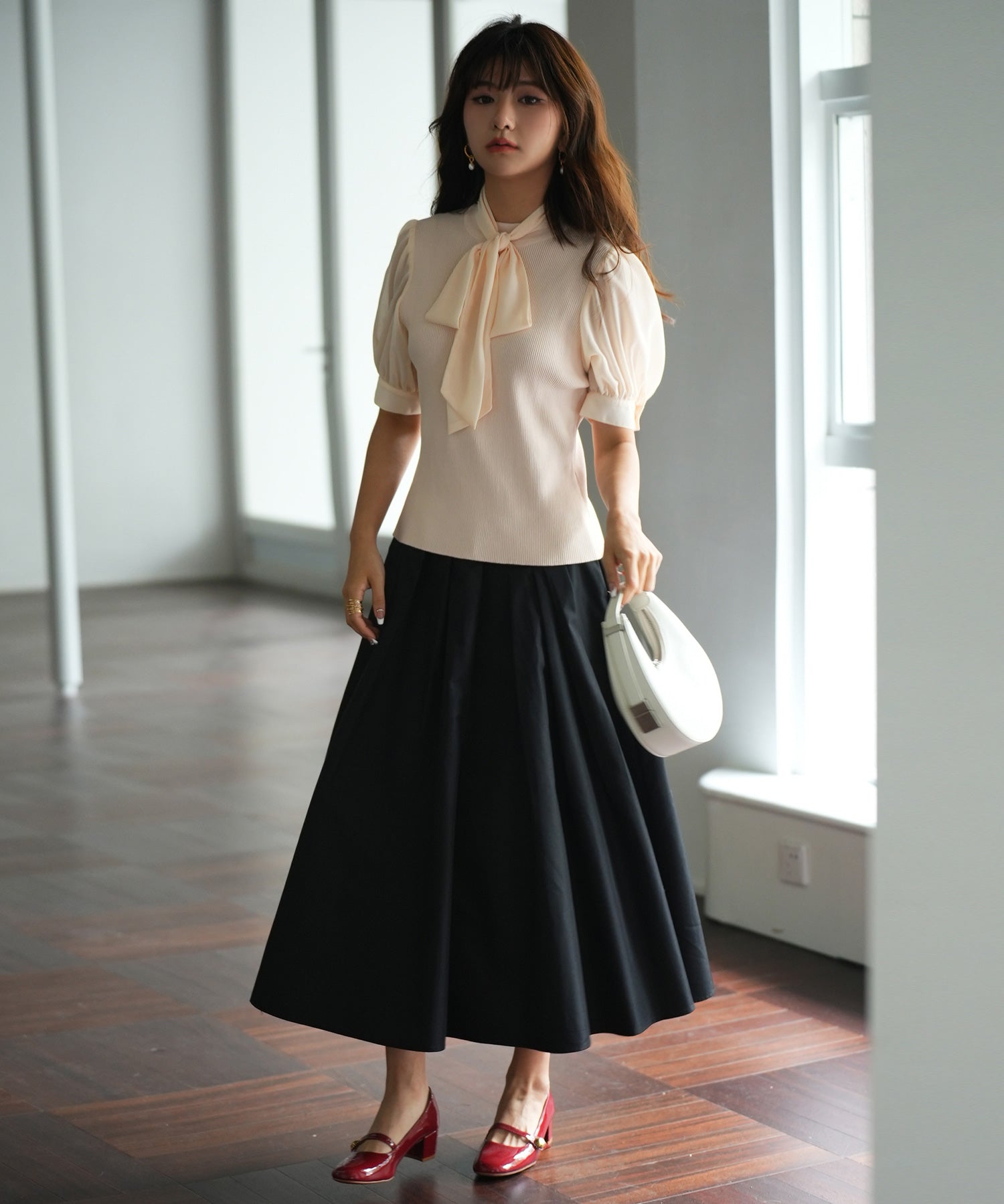 シフォンスリーブとリブニットの異素材プルオーバーsdp0073 アイボリー