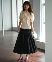 シフォンスリーブとリブニットの異素材プルオーバーsdp0073 アイボリー