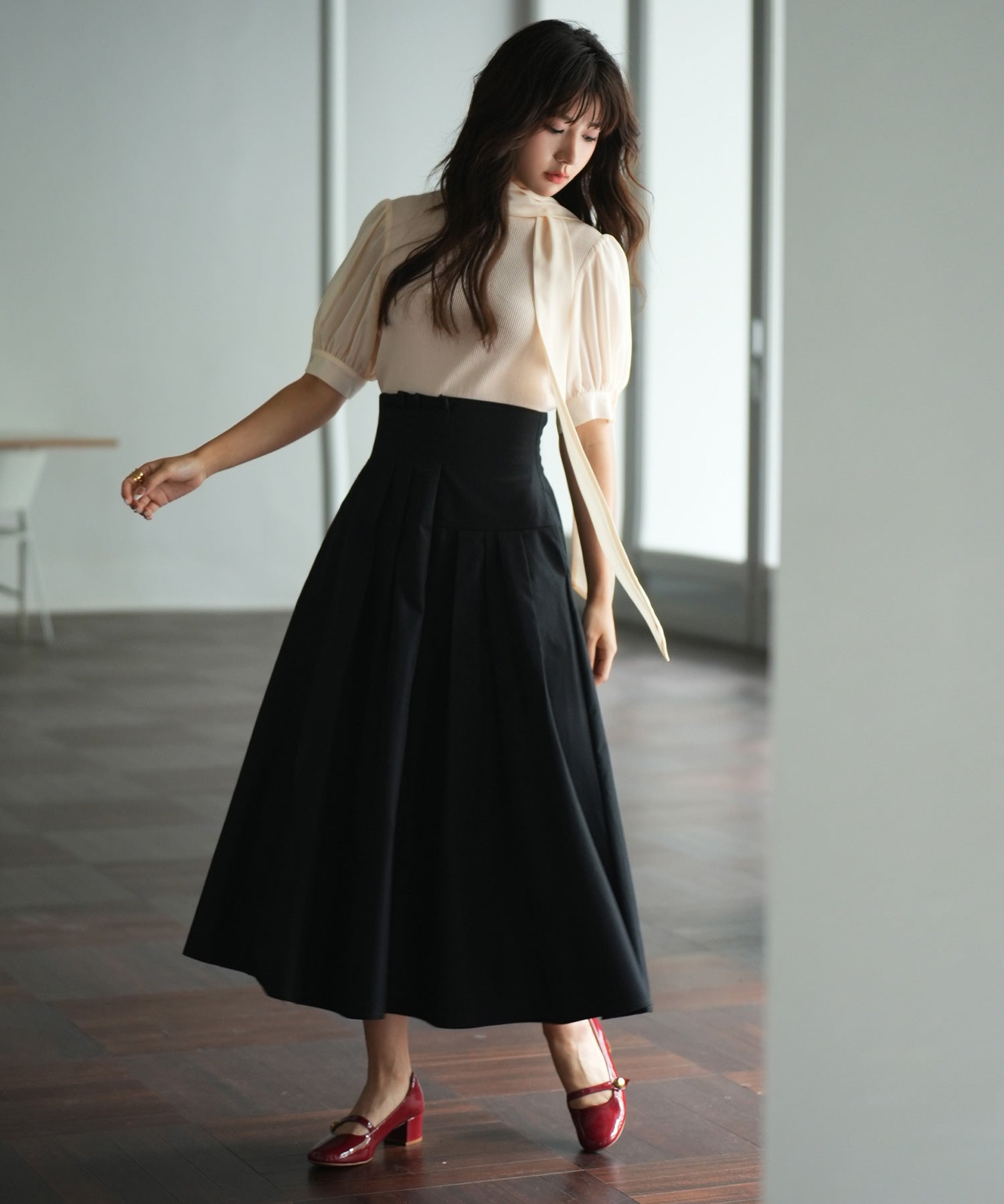 シフォンスリーブとリブニットの異素材プルオーバーsdp0073 アイボリー