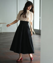 シフォンスリーブとリブニットの異素材プルオーバーsdp0073 アイボリー