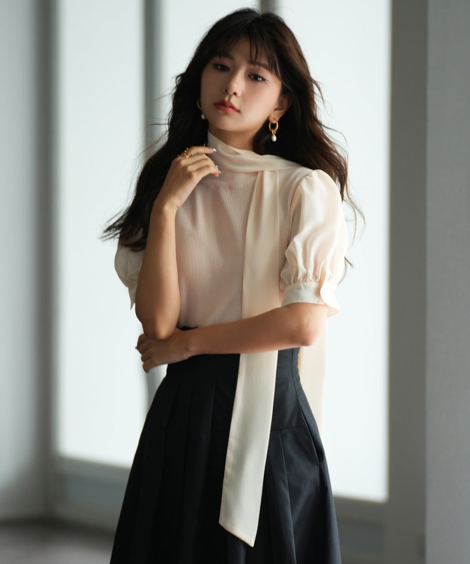 シフォンスリーブとリブニットの異素材プルオーバーsdp0073 アイボリー