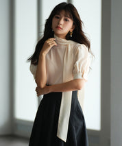 シフォンスリーブとリブニットの異素材プルオーバーsdp0073 アイボリー