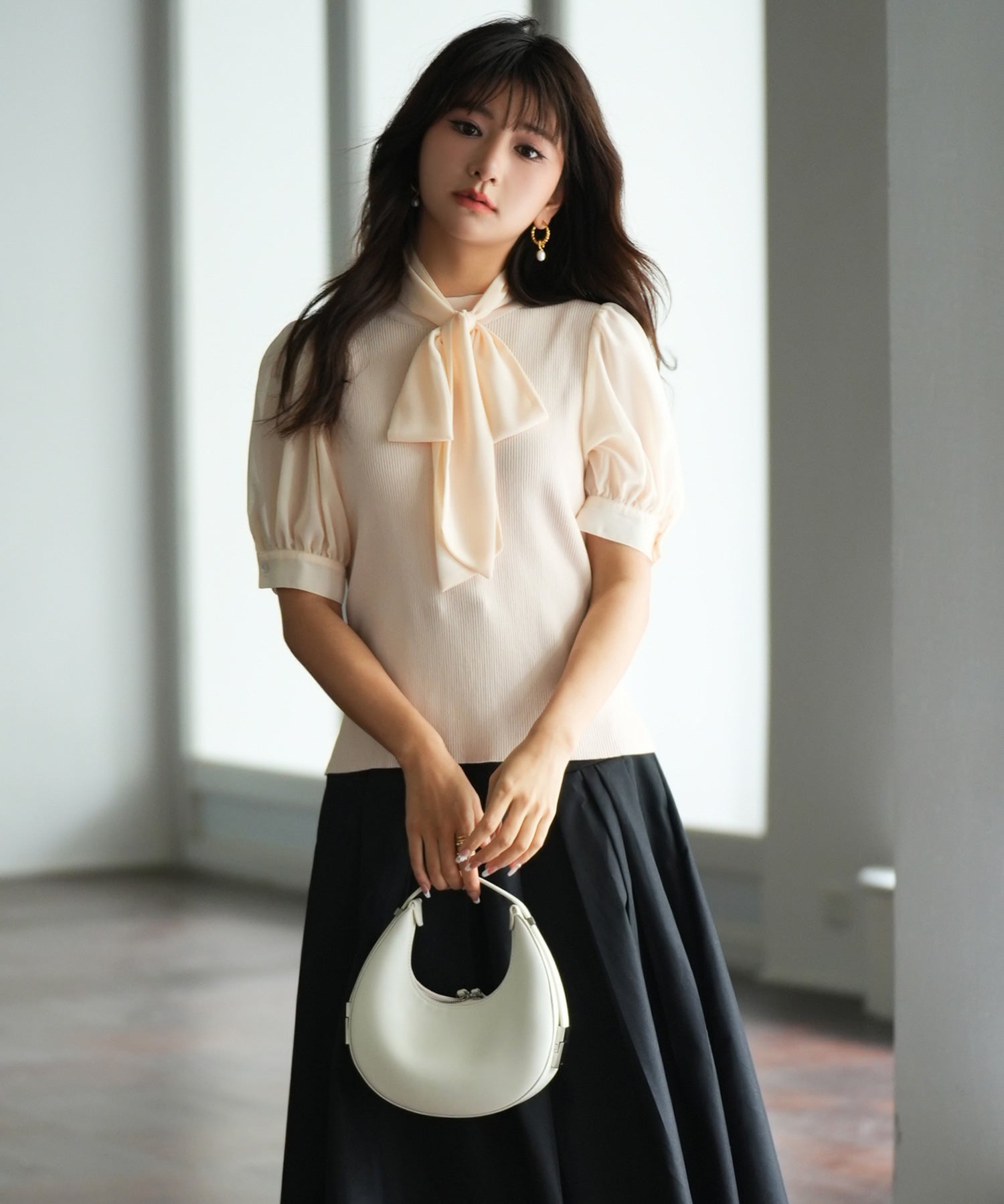 シフォンスリーブとリブニットの異素材プルオーバーsdp0073 アイボリー