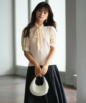 シフォンスリーブとリブニットの異素材プルオーバーsdp0073 アイボリー