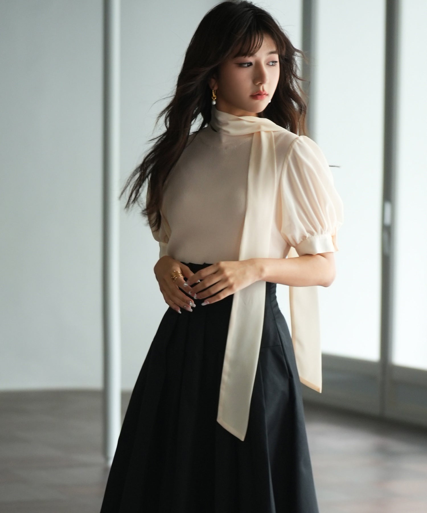 シフォンスリーブとリブニットの異素材プルオーバーsdp0073 アイボリー