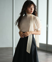 シフォンスリーブとリブニットの異素材プルオーバーsdp0073 アイボリー