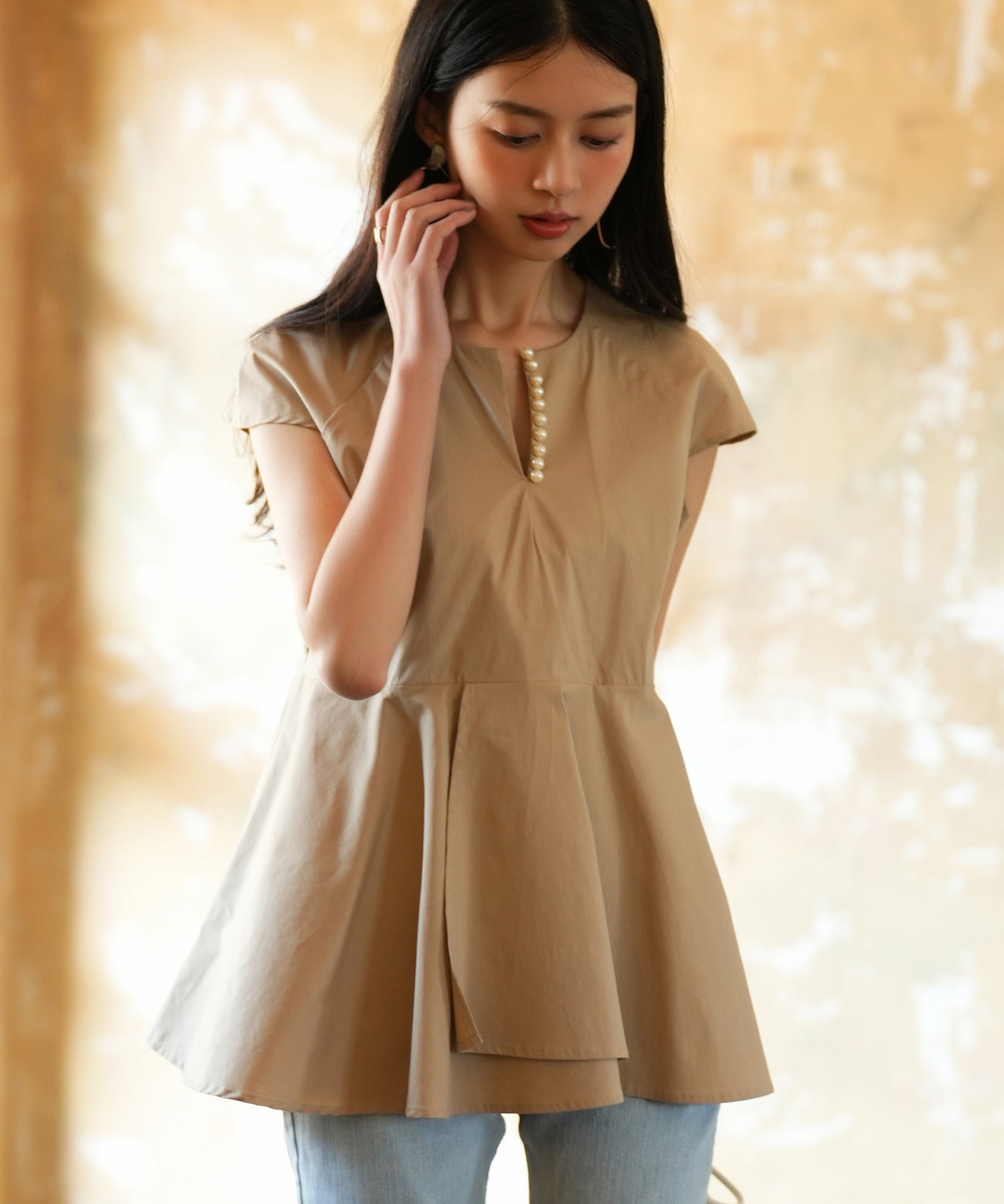 パール付きキーネックペプラムブラウスsdp0076-102-14