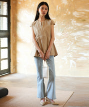 パール付きキーネックペプラムブラウスsdp0076 ベージュ