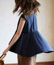 パール付きキーネックペプラムブラウスsdp0076 ネイビー