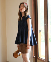 パール付きキーネックペプラムブラウスsdp0076 ネイビー