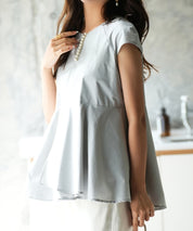 パール付きキーネックペプラムブラウスsdp0076 グレー