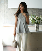 パール付きキーネックペプラムブラウスsdp0076 グレー