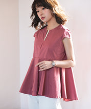 パール付きキーネックペプラムブラウスsdp0076 レンガ