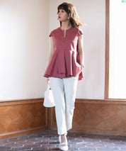 パール付きキーネックペプラムブラウスsdp0076 レンガ