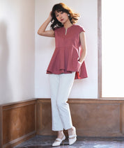 パール付きキーネックペプラムブラウスsdp0076 レンガ